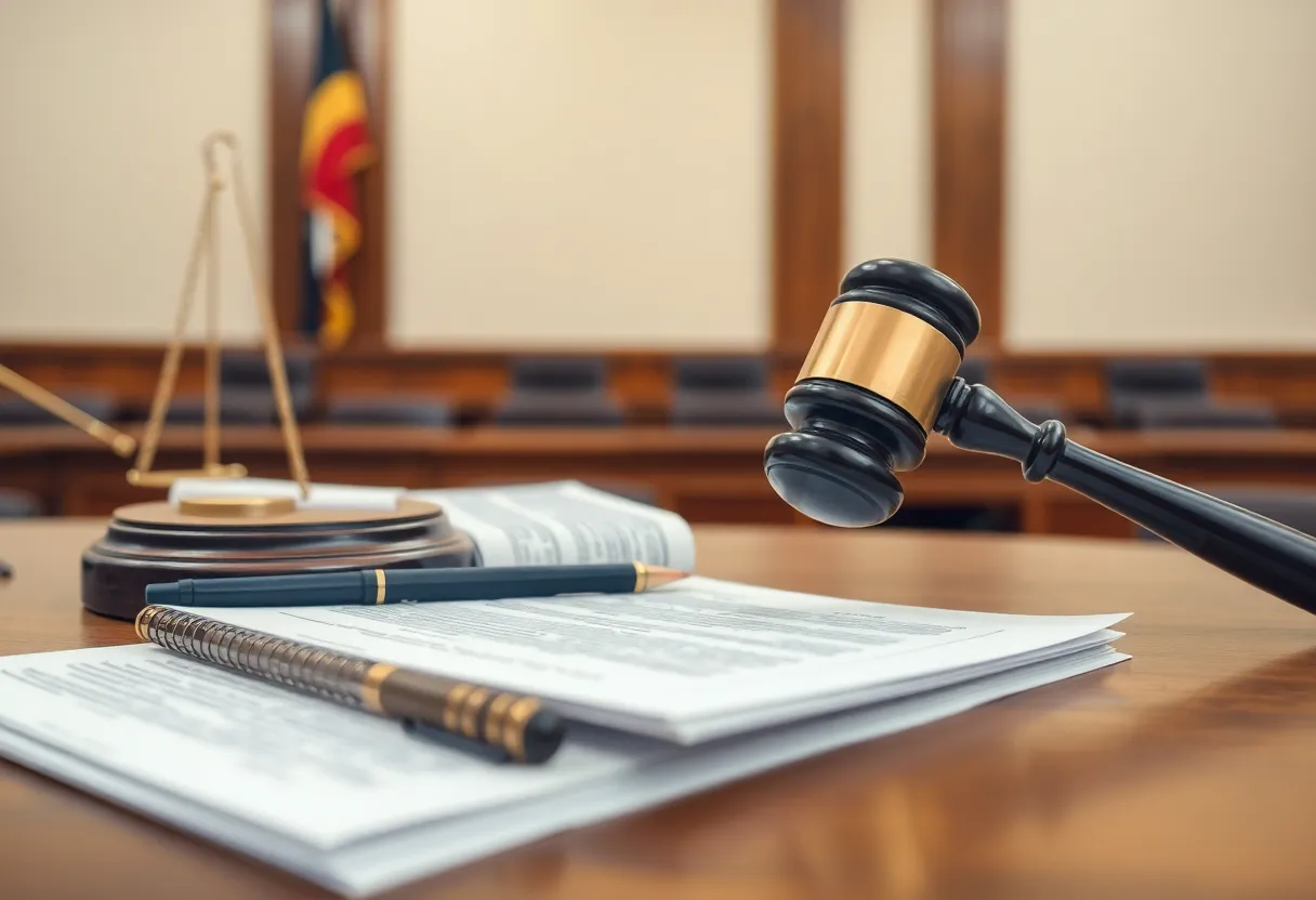 A courtroom scene depicting justice for victims of real estate fraud