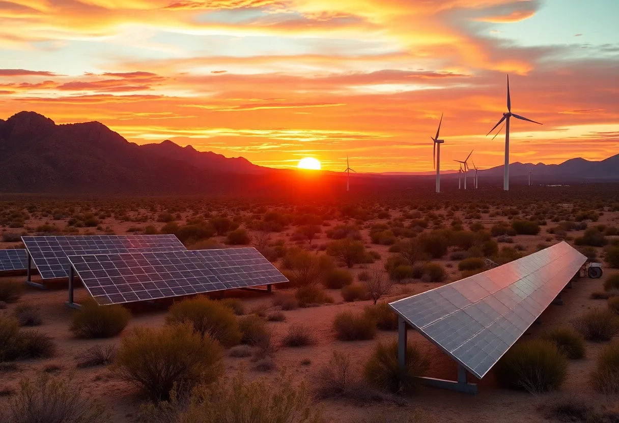 A view of solar panels and wind turbines in an Arizona landscape during sunset.
