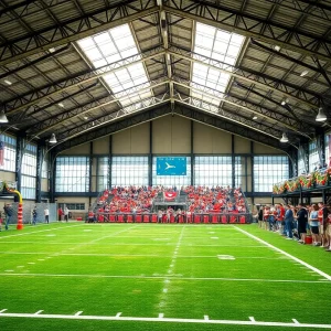 Arizona State University indoor practice facility with a lively atmosphere
