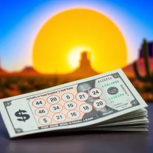 Illustration of a lottery ticket and cash with Arizona landmarks in the background.