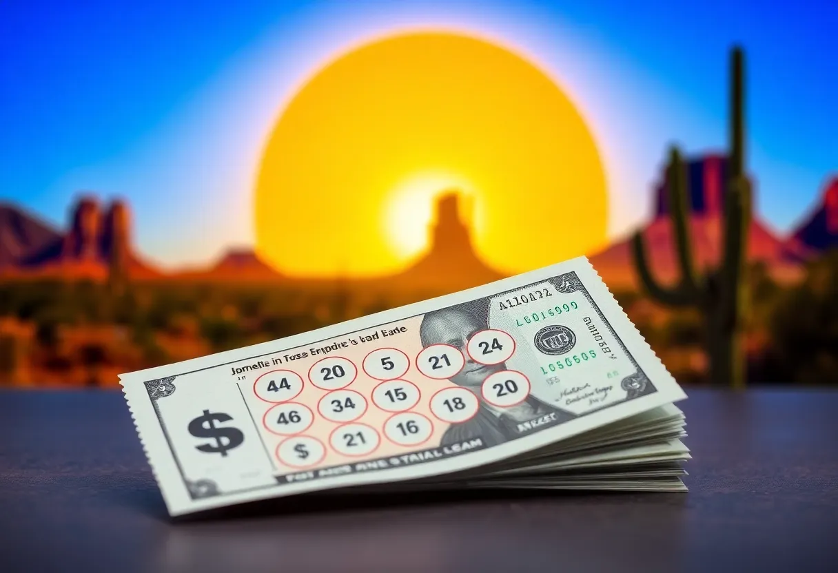 Illustration of a lottery ticket and cash with Arizona landmarks in the background.