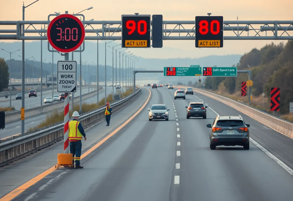 Highway work zone with automated speed cameras monitoring vehicle speeds.