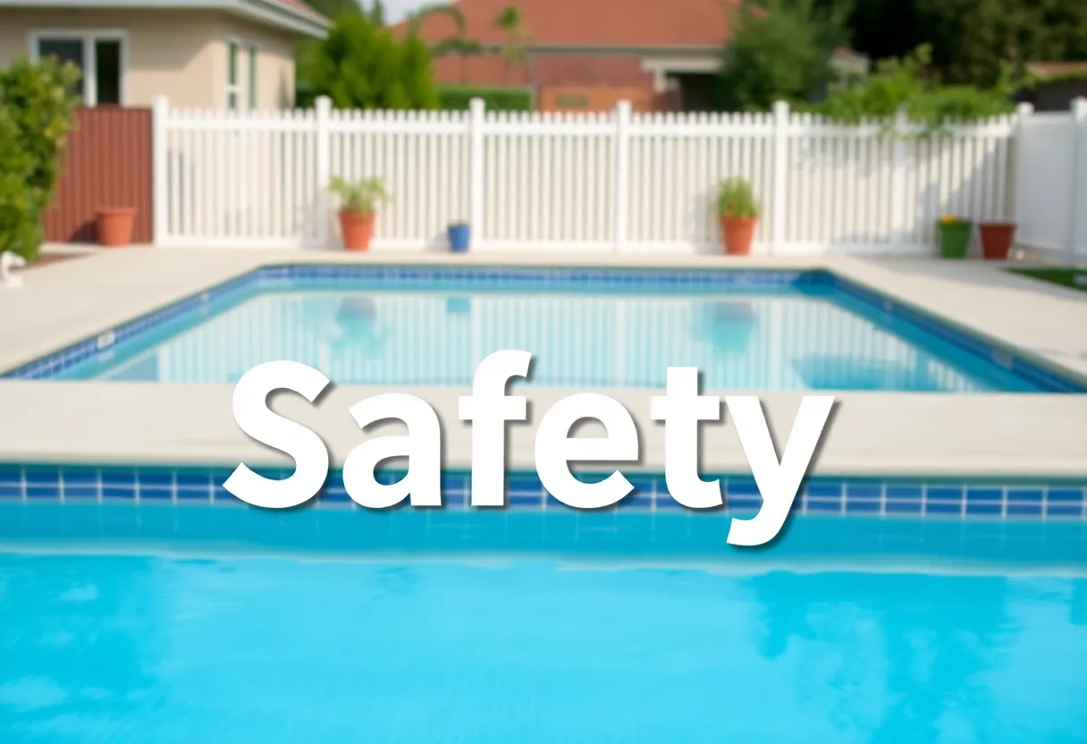 Backyard pool with safety fence and plants.