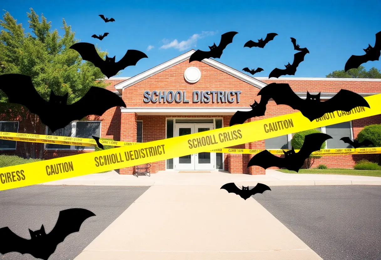 Closure signs around a school district office due to bat infestation
