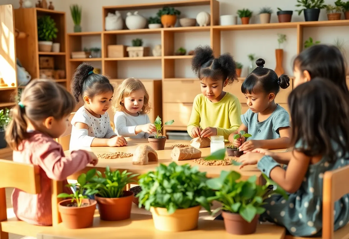 Children learning in a Montessori-style preschool classroom