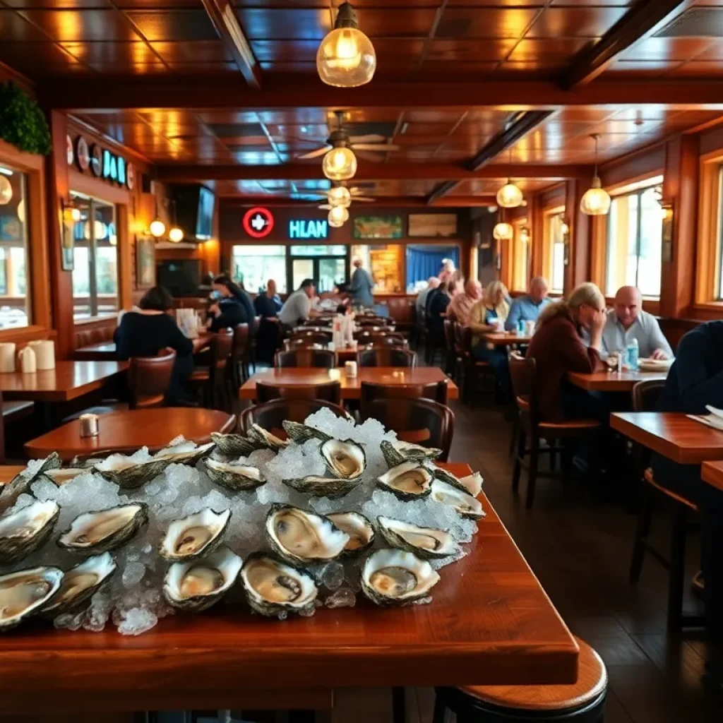 Cozy dining area at Buck & Rider with oysters on display