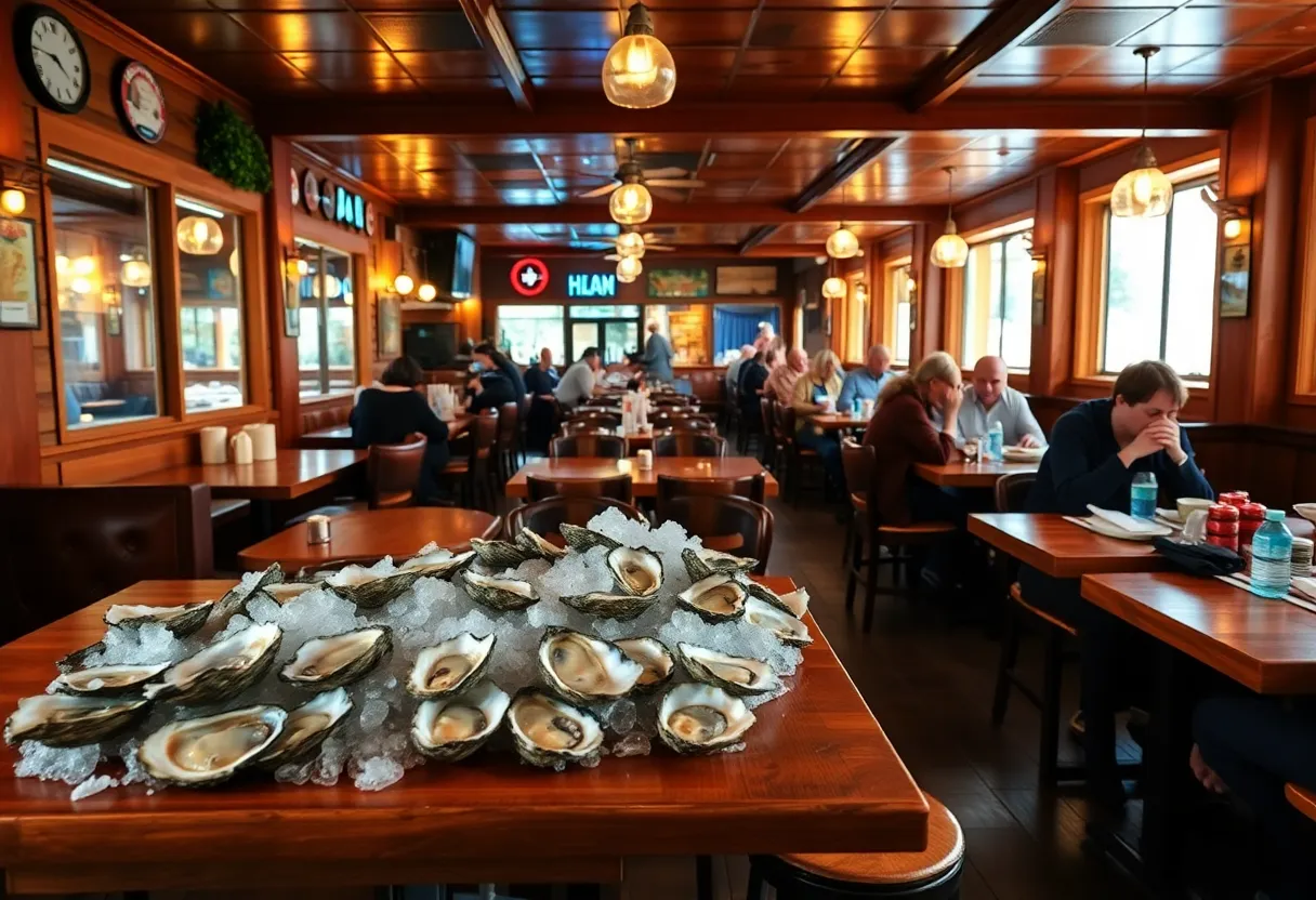 Cozy dining area at Buck & Rider with oysters on display