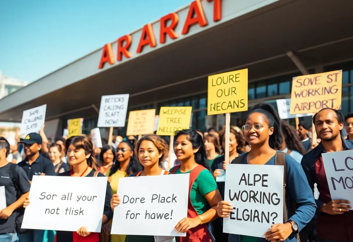 Catering workers holding signs during a protest for safety outside Phoenix Sky Harbor Airport.