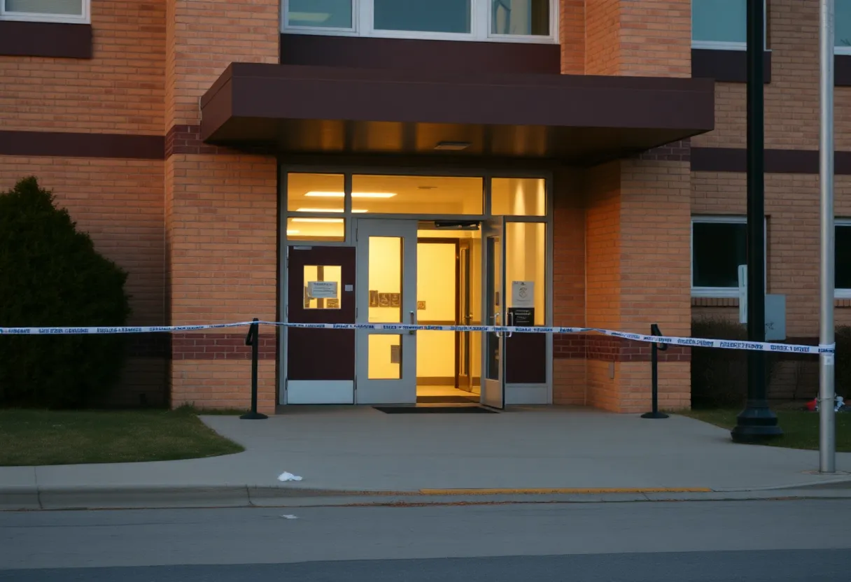 Entrance of Central Bucks West High School with police tape after a break-in