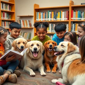 Children reading aloud to friendly therapy dogs in a library