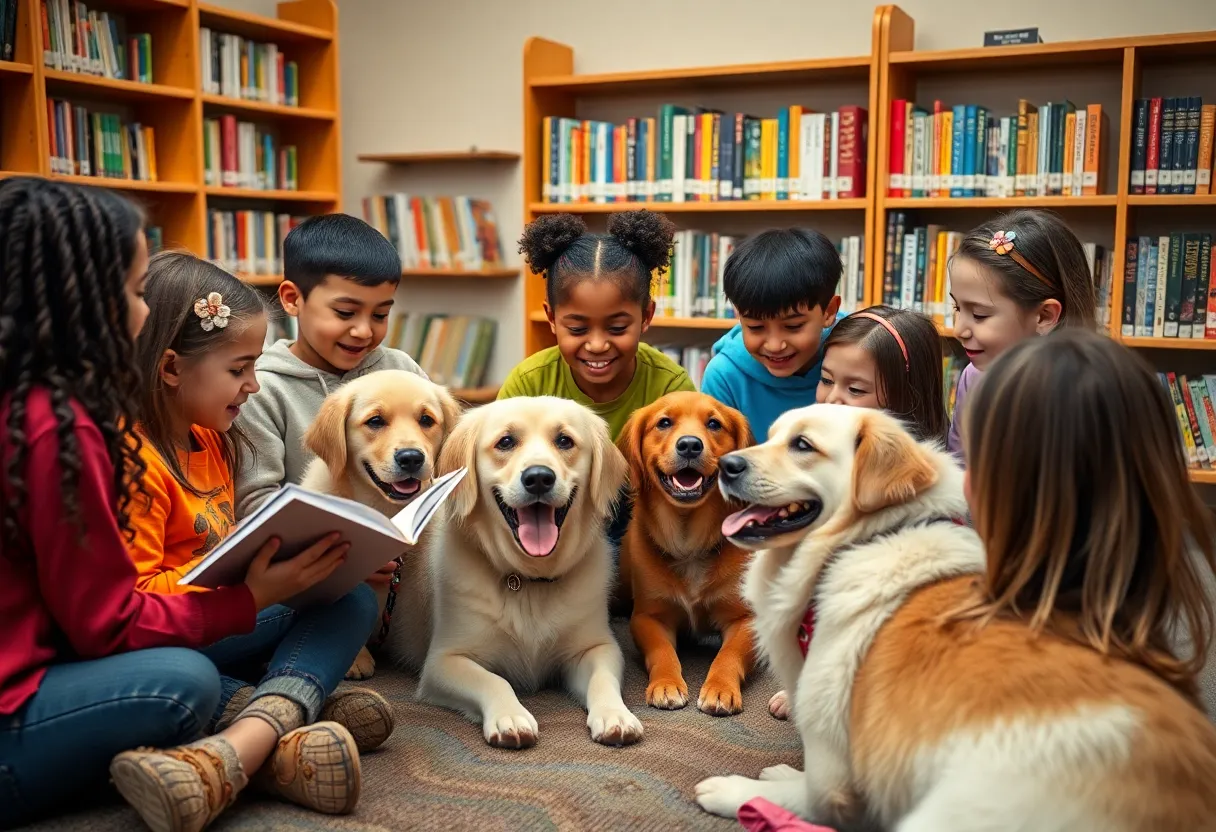 Children reading aloud to friendly therapy dogs in a library