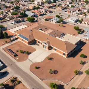 Closed school building in Phoenix, AZ with a deserted playground