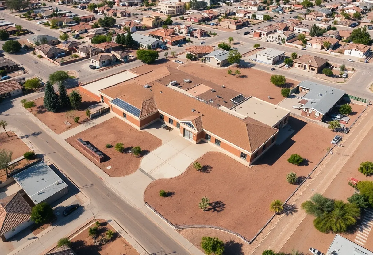 Closed school building in Phoenix, AZ with a deserted playground