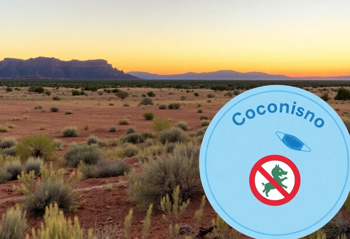 Rural landscape of Coconino County, Arizona, with health awareness symbols.