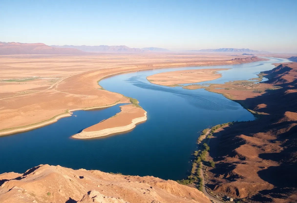 Aerial view of the Colorado River with surrounding drought-affected landscapes.