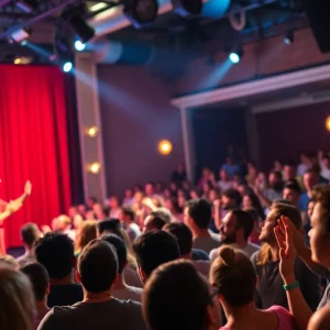 A lively comedy performance with an audience in a well-lit venue.