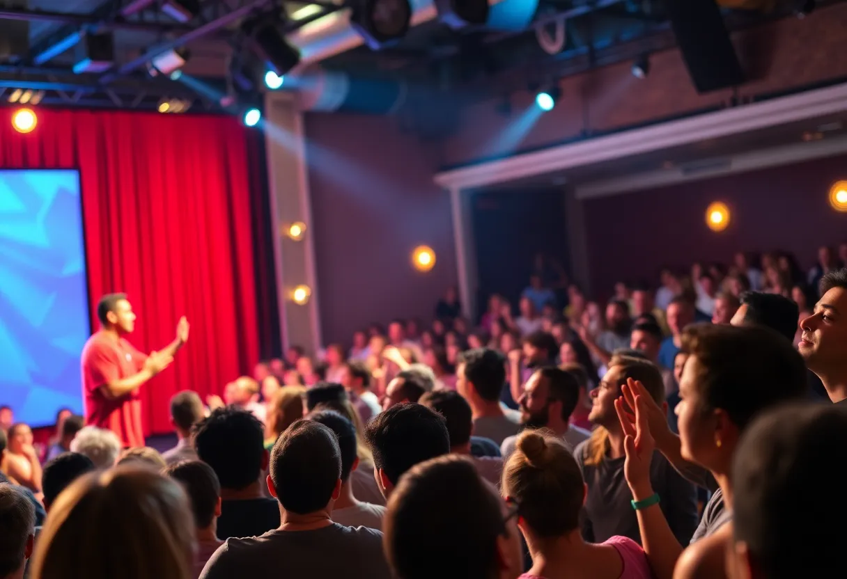 A lively comedy performance with an audience in a well-lit venue.