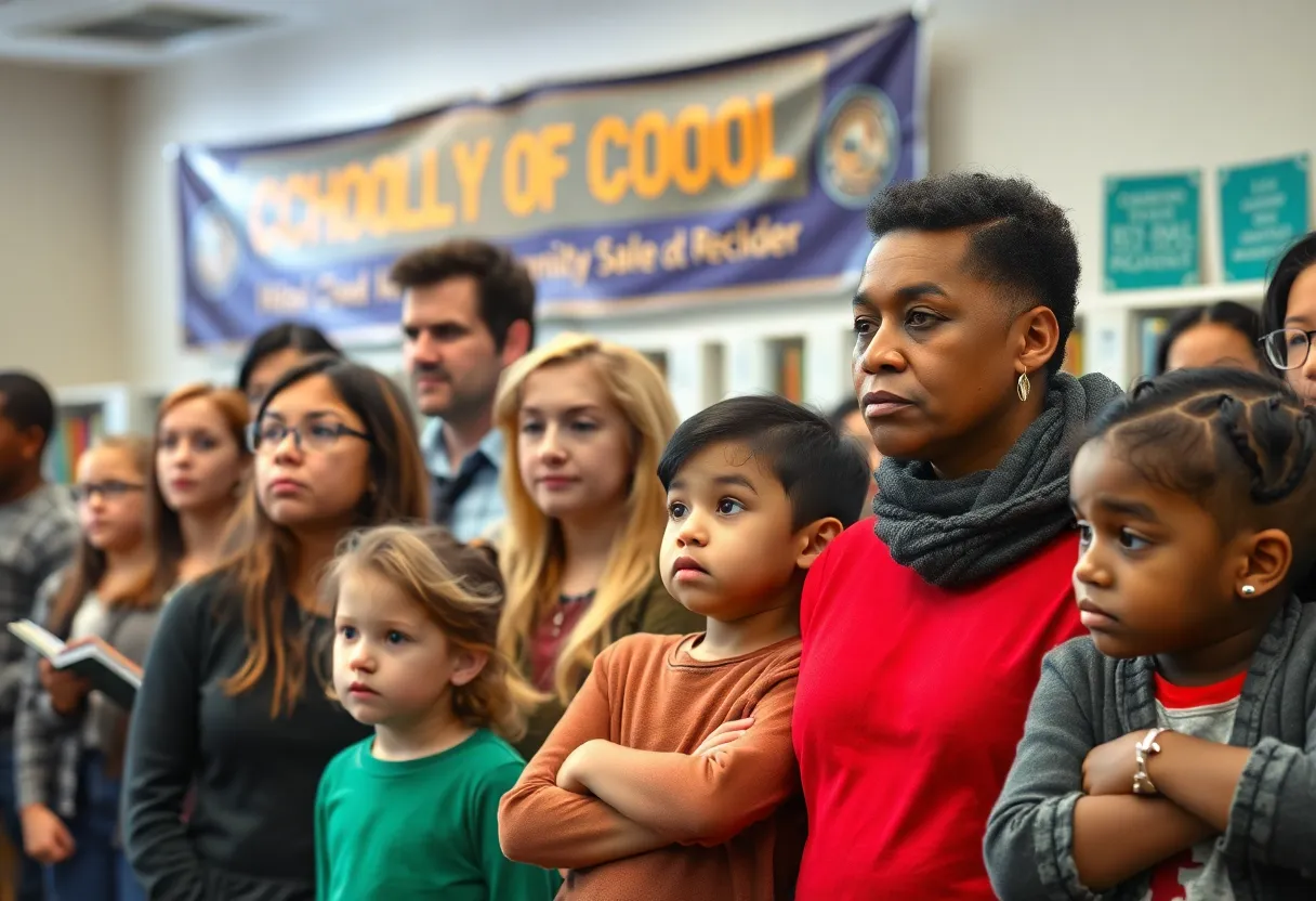 Parents and children gathering to discuss school closure at a library