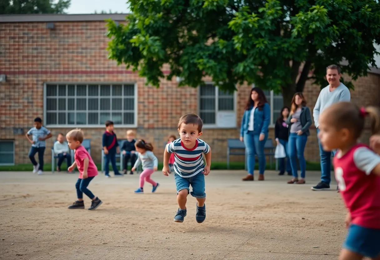 Children at school with concerned parents in the background