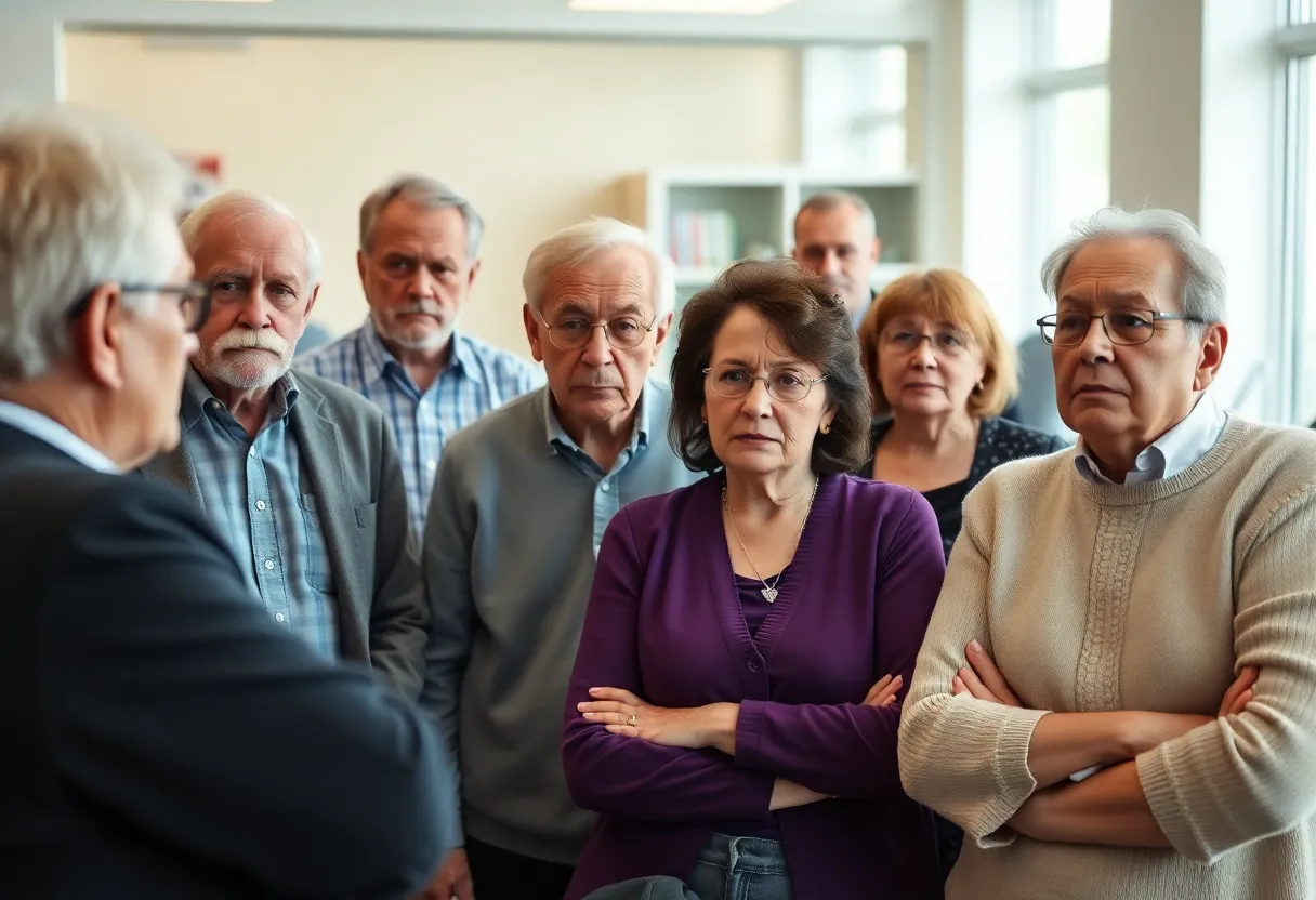 Elderly individuals discussing concerns about real estate scams at a community meeting