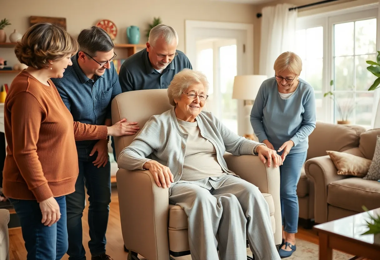 Community helping an elderly woman with a lift chair