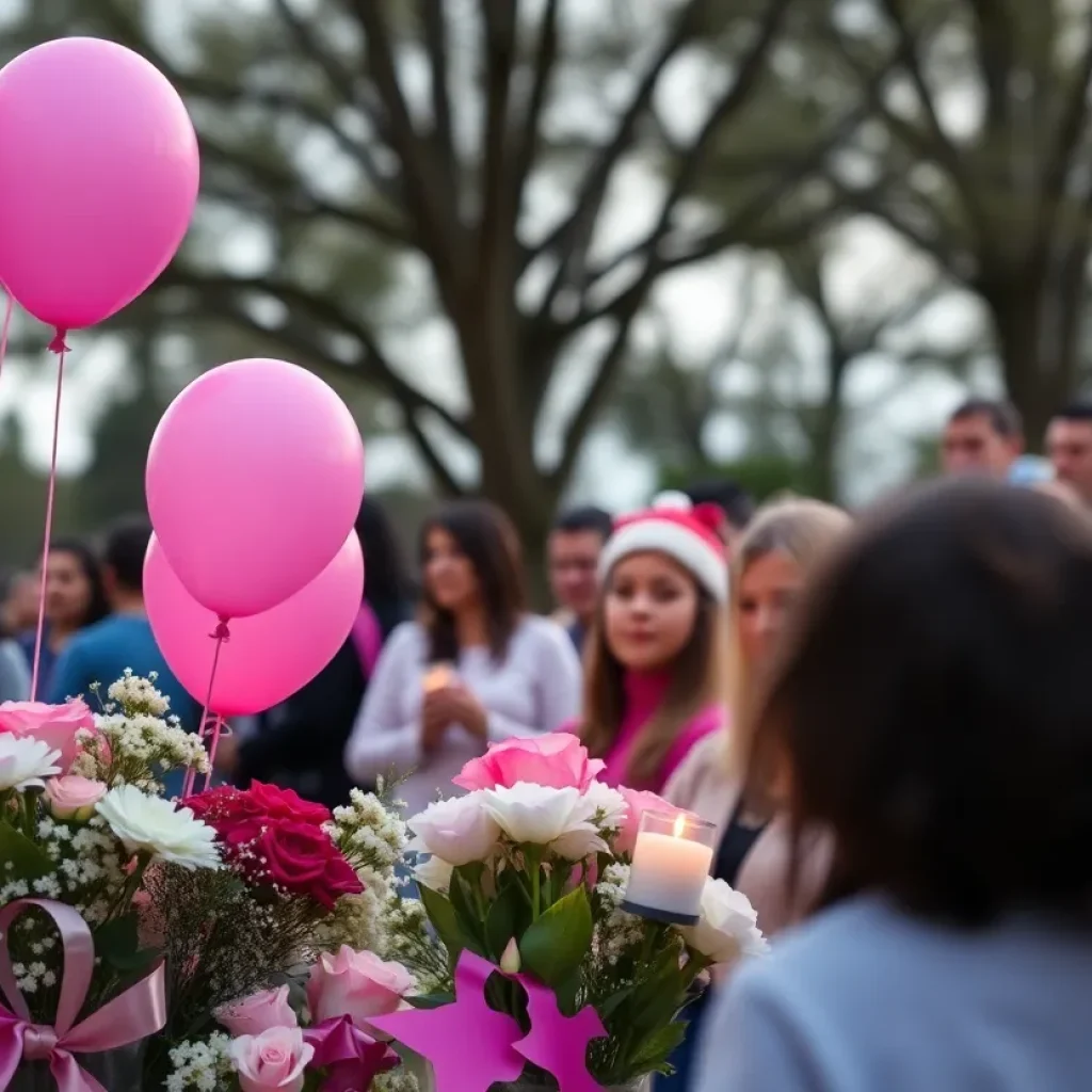 Community members gathered in pink at a vigil honoring a young girl who suffered from child abuse.