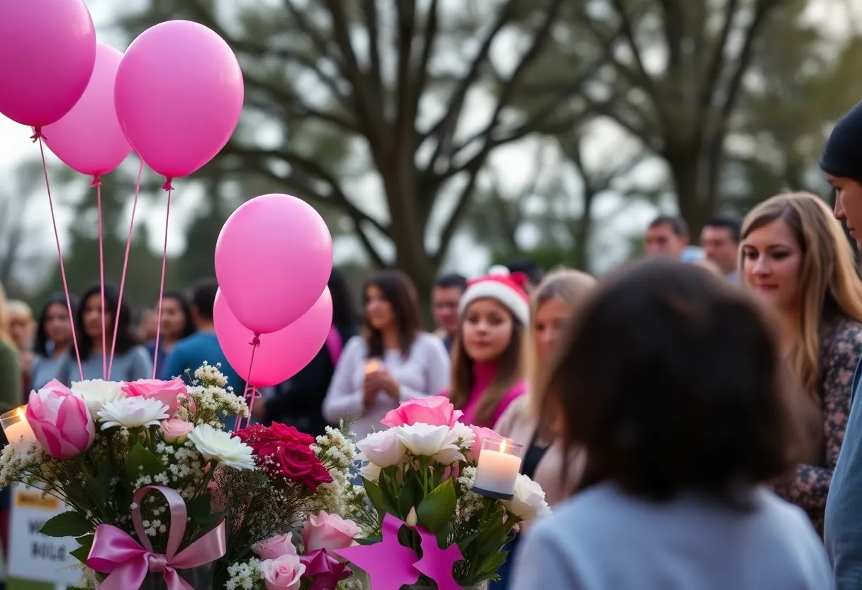 Community members gathered in pink at a vigil honoring a young girl who suffered from child abuse.