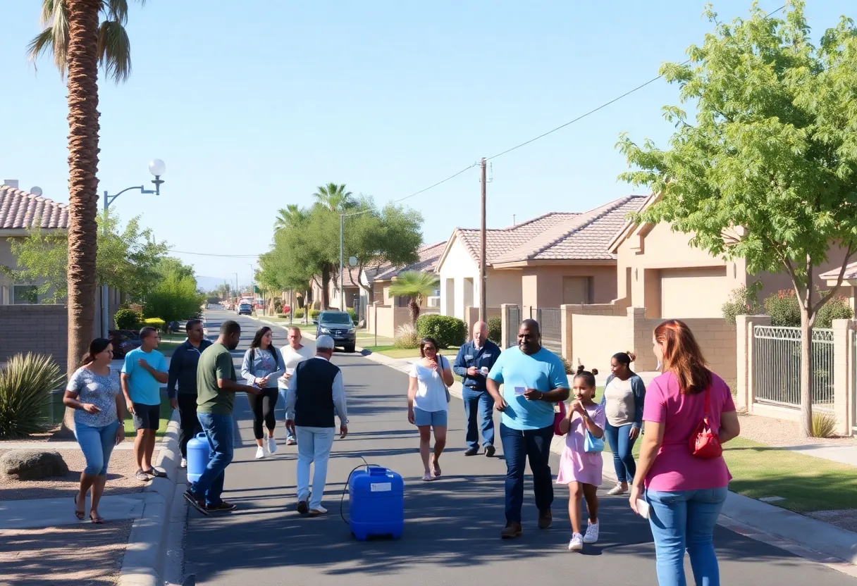 Residents participating in a community event distributing water bottles