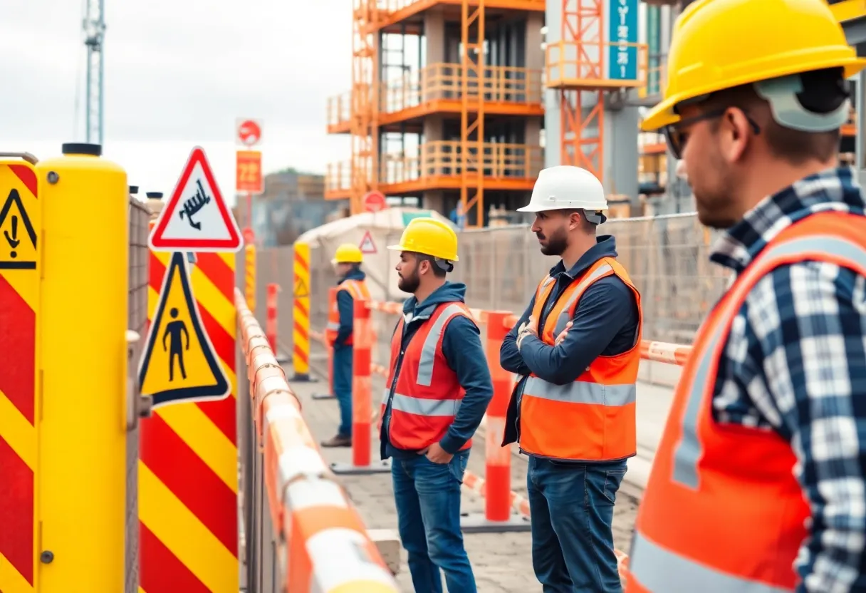 Construction workers emphasizing safety at a work site