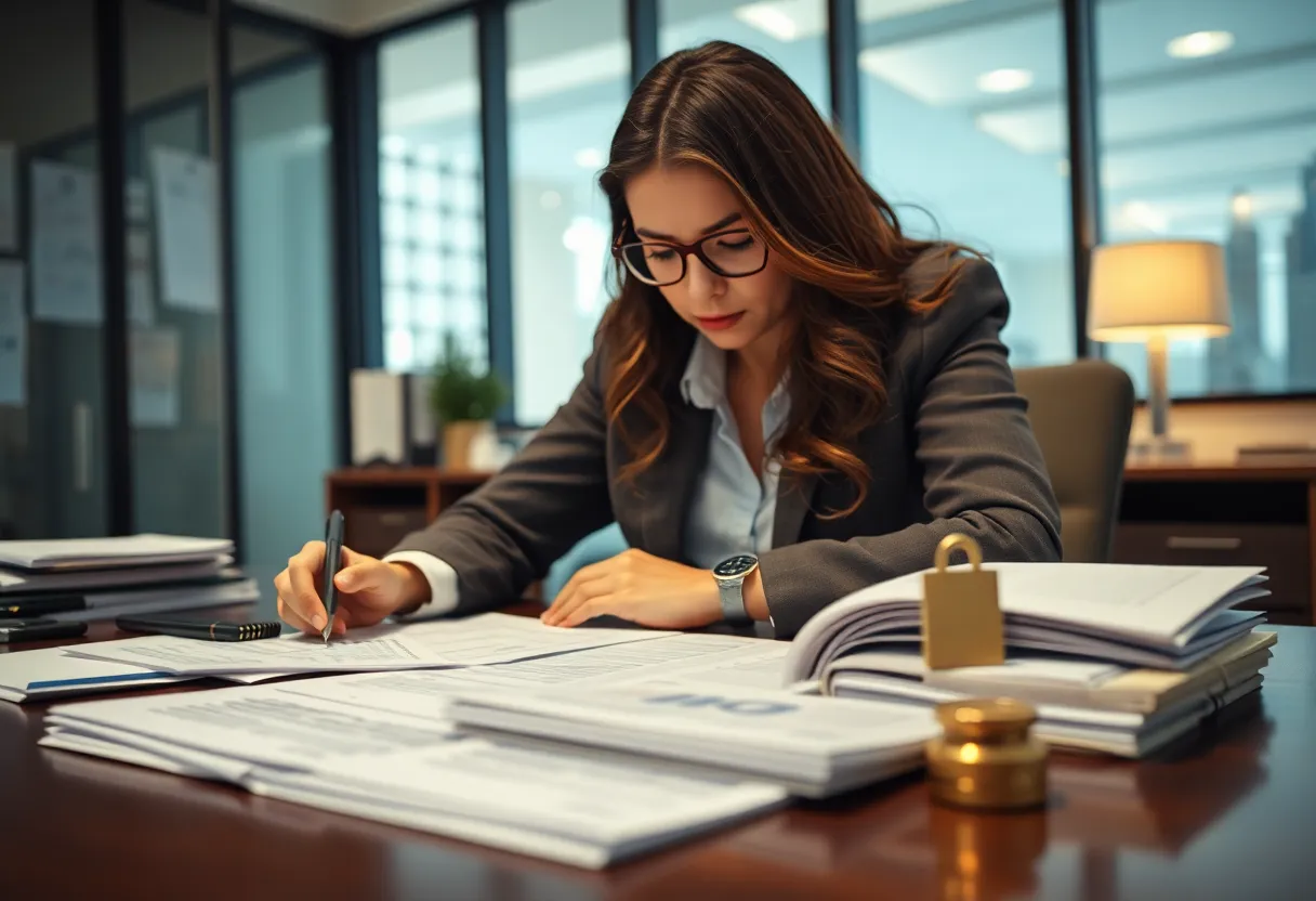 Corporate office with financial documents related to embezzlement investigation