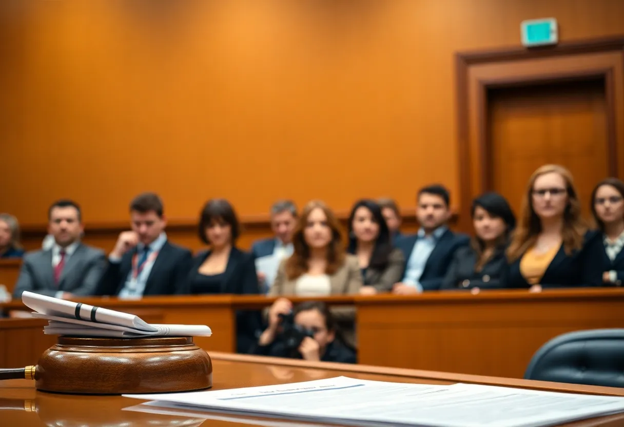 Courtroom setting with legal proceedings related to educational fraud