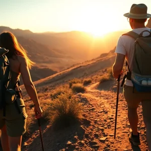Hikers on a desert trail at sunrise, showcasing safe hiking practices in the summer heat.