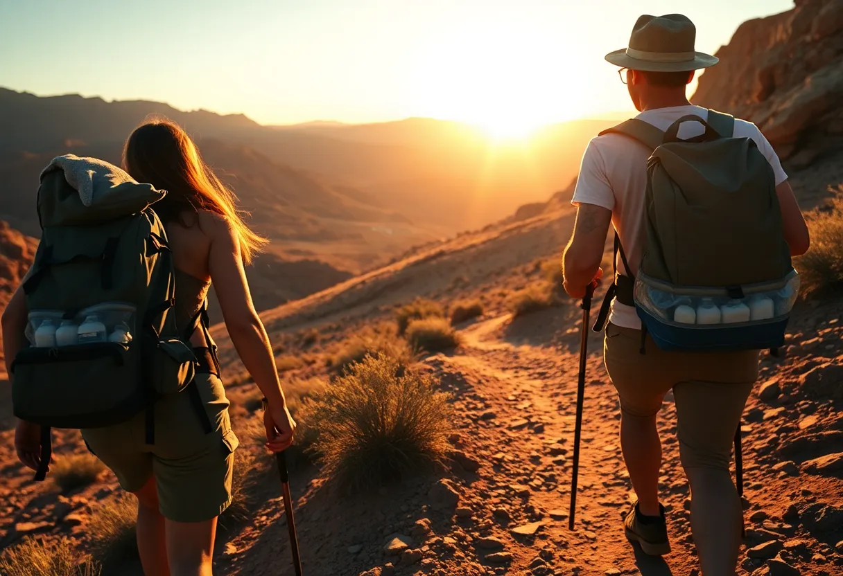Hikers on a desert trail at sunrise, showcasing safe hiking practices in the summer heat.