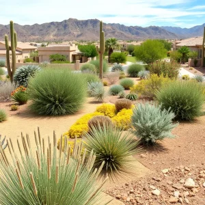 Desert landscape showcasing drought-resistant plants and smart irrigation systems for water conservation.