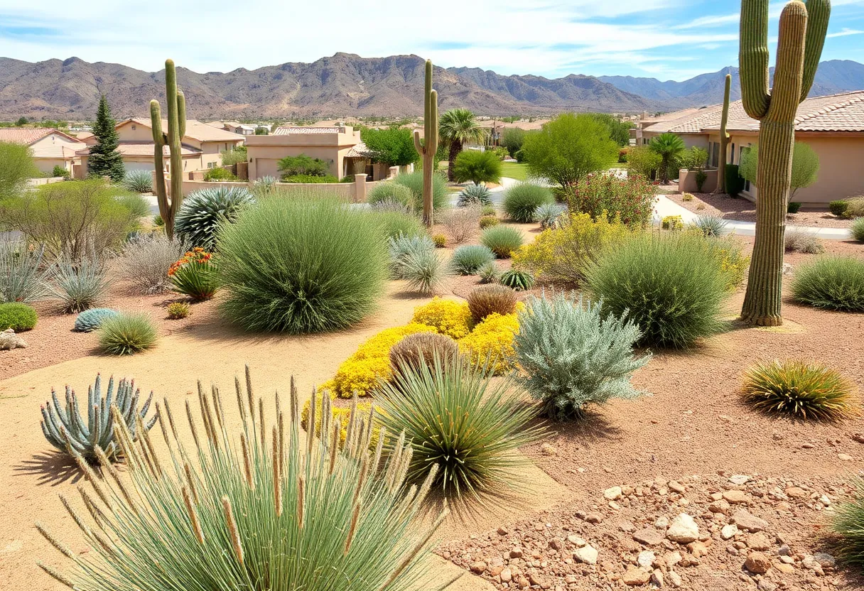 Desert landscape showcasing drought-resistant plants and smart irrigation systems for water conservation.