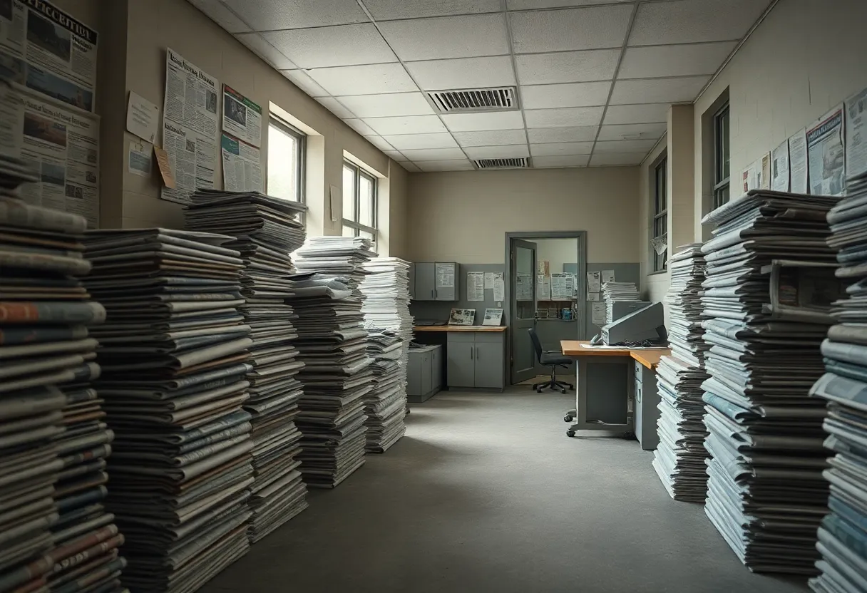 An abandoned newspaper office filled with old newspapers symbolizing the closure of local newspapers.