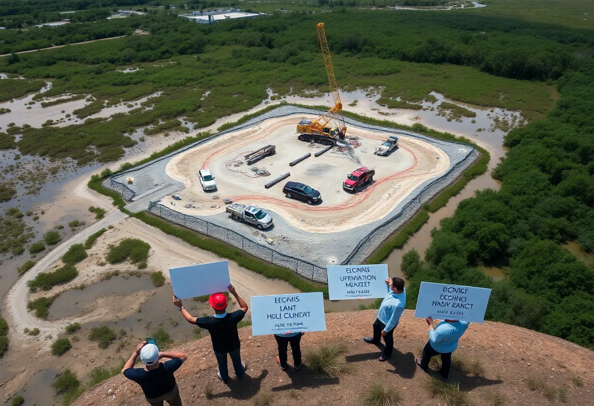 Aerial view of detention center construction site with wetlands