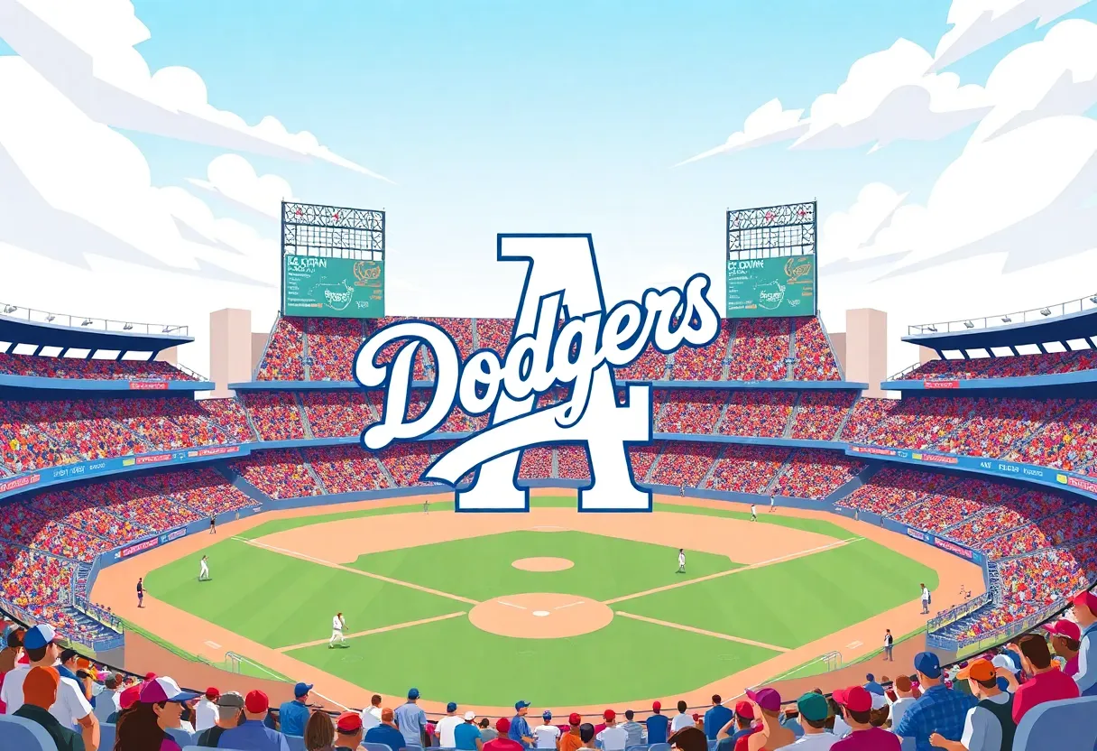 Los Angeles Dodgers logo displayed in a packed baseball stadium