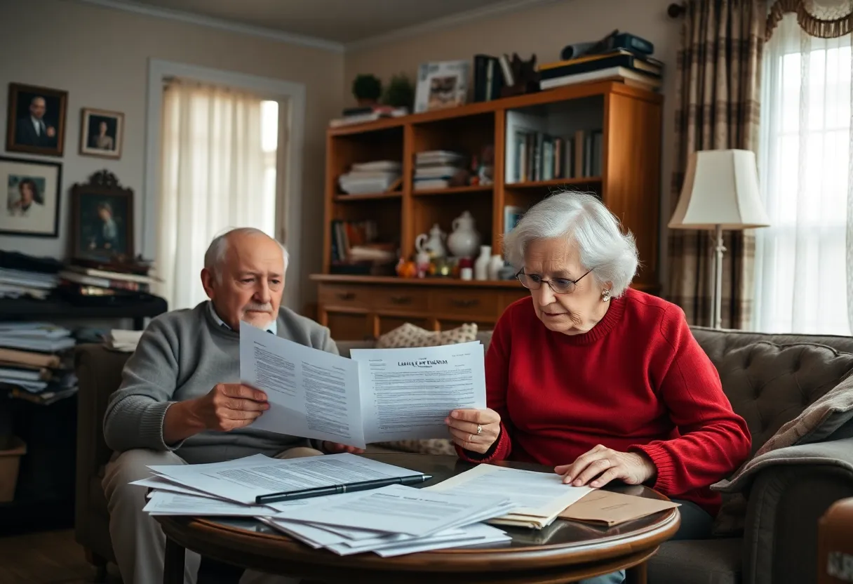 An elderly couple looking concerned while reviewing documents