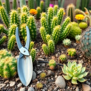 Collection of essential gardening tools for desert gardening in Phoenix, including pruning shears, trowel, and drip irrigation.