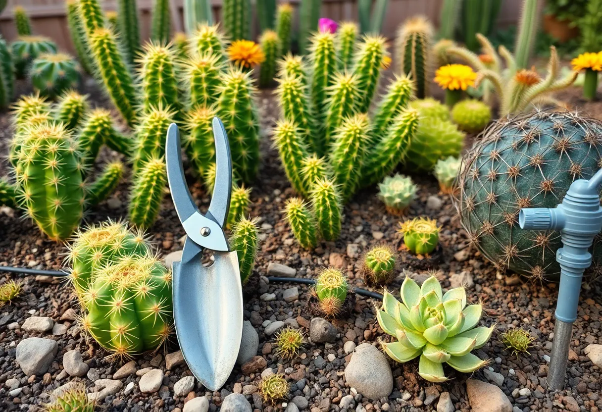 Collection of essential gardening tools for desert gardening in Phoenix, including pruning shears, trowel, and drip irrigation.