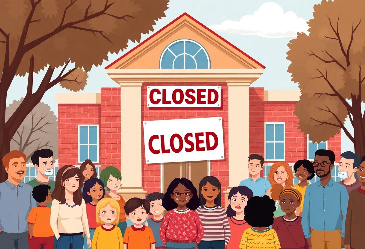 Illustration of Flowery Elementary School with a closed sign
