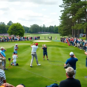 Golfers practicing on a lush green course during a tournament.
