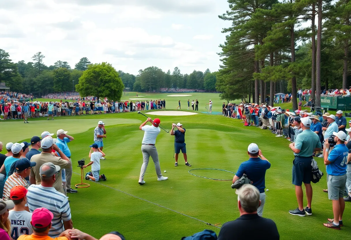 Golfers practicing on a lush green course during a tournament.