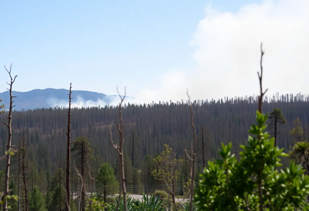 Forest area recovering post wildfire with smoke