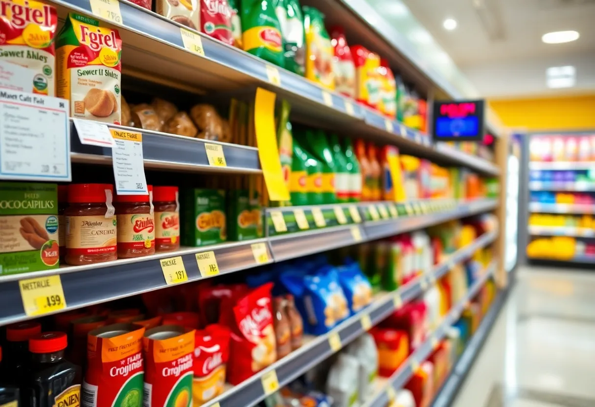 A grocery shelf showcasing traditional price tags and digital display