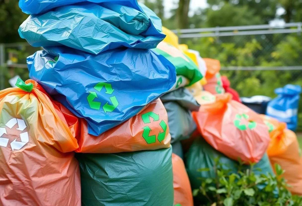 Colorful Hefty trash bags with misleading recycling symbols in a recycling facility.