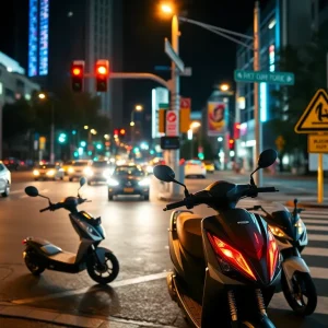 City intersection at night with electric scooters and traffic signs
