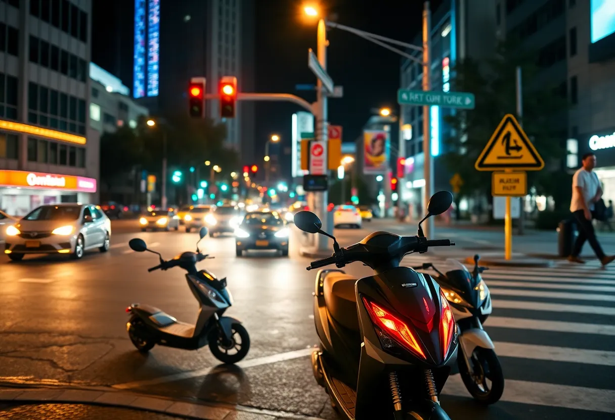 City intersection at night with electric scooters and traffic signs