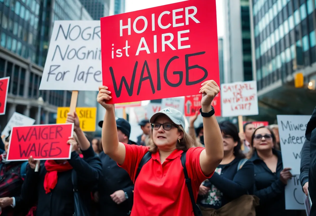 Hospitality workers protesting for minimum wage increase.